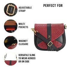 ASHIBO Saddle Bag For Women Girls Croco Embossed Printed Leather & Nappa Genuine Leather With Flap Closure Crossbody Bag Coco Burgundy