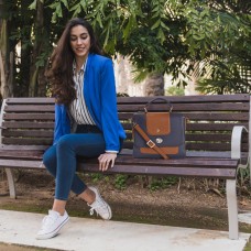 ASHIBO Fashion/Party Handbags For Women Girls Nappa Flat Genuine Leather Crossbody Handbags With Secured Closure Navy & Tan