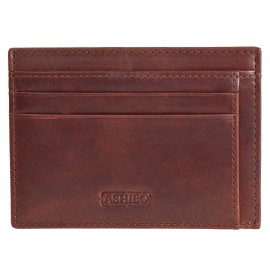 ASHIBO Card Holder For Men Women Credit Card & Business Multi Card Case Waxed Vegetable Tanned Finished Genuine Leather Coin Purse Brown