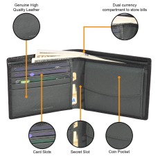 ASHIBO Minimalist Saffiano Bi Fold Wallet For Mens Genuine Leather RFID Blocking Multi Smart Business ID Card & Credit Card Slots Holder Black/Green